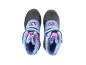 Blaue Kinder-Winterstiefel mit rosa-weißem Muster, flauschigem Futter und Klettverschluss.