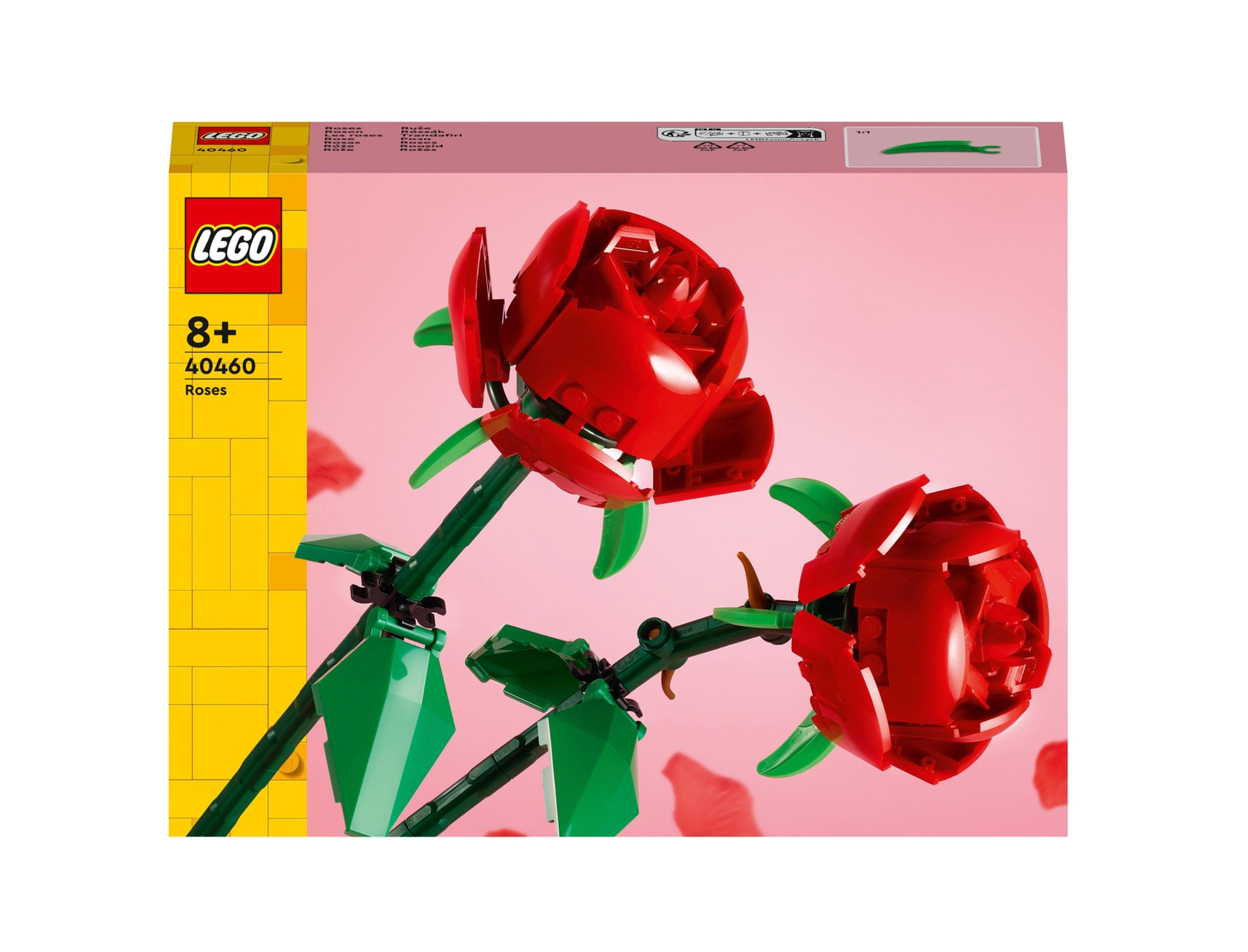 LEGO® Creator 40460 »Rosen«““ | grüne Blätter und Stängel in variabler Länge. Die künstlichen Rosen lassen sich auch mit den Lego Tulpen 40461 kombinieren, um einen bunten Lego Blumenstrauß aus Lego Steinen zu gestalten. Das Set ist außerdem mit dem Lego Blumenstrauß 10280 kompatibel, um eine noch prunkvollere Blumen-Dekoration zu erschaffen. Lego Blumen verleihen dem traditonellen Blumen-Geschenk eine moderne Note und bescheren einem langanhaltende Freude, die nie verwelkt. Die Lego Rosen sind ein toller Liebesbeweis und das perfekte Muttertag- oder Valentinstag-Geschenk für Sie oder Ihn. Produktmerkmale tabletd Anzahl Teile: 120 Maße: je Rose ca. L 26 cm Altersempfehlung: 8+ Batterien benötigt: nein Batterien enthalten: nein Lieferumfang: 1x Bauset aus 2 künstlichen Rosen Warnhinweis: Achtung! Nicht geeignet für Kinder unter 36 Monaten. Erstickungsgefahr. Kleine Teile. Lego, das Lego Logo, die Minifigure, Duplo, das Duplo Logo, Bionicle, das Bionicle Logo, Legends OF Chima, das Legends OF Chima Logo, Dimensions, das Dimensions Logo, das Friends Logo, das Minifigures Logo, Mindstorms, das Mindstorms EV3 Logo, Mixels, das Mixels Logo, Ninjago, das Ninjago Logo, Nexo Knights, und das Nexo Knights Logo sind Marken der Lego Gruppe und werden hier mit besonderer Erlaubnis verwendet. ©2025 The Lego® Group.““