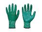 Zwei grüne Gartenhandschuhe, einer mit der Handfläche nach vorne und einer mit dem Handrücken.