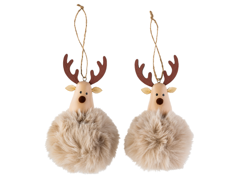 Zwei plüschige Weihnachtsdekorationen in Rentierform mit pelzigem Körper.