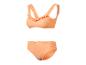 Pfirsichfarbener Bikini mit Rüschenträgern und hoch geschnittener Hose.