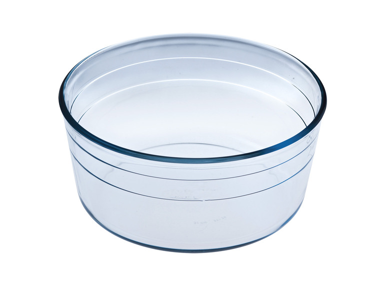 Eine leere Glasschüssel mit Messmarkierungen.
