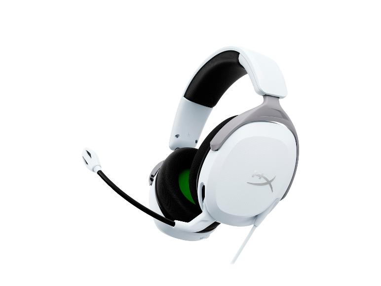 Weißes Gaming-Headset mit Mikrofon und grünen Akzenten.