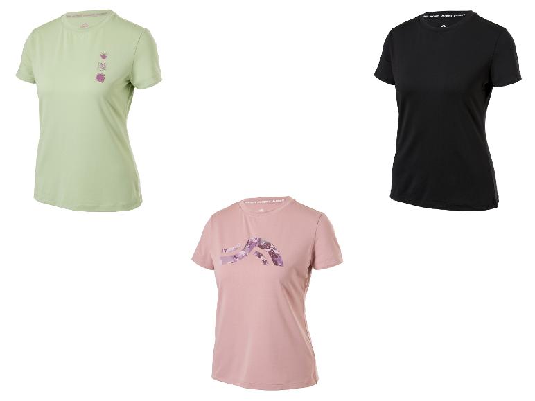 Drei Crivit Damen-T-Shirts in Grün, Schwarz und Rosa.
