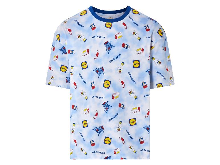 Lidl T-Shirt: Aufdruck mit Supermarktprodukten und Lidl-Logo.