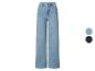 Hellblaue Denim-Wide-Leg-Jeans mit hoher Taille und zwei Farbmustern.