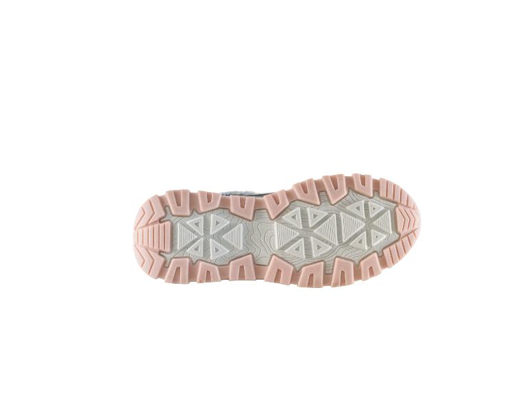 Außensohle eines Kinderschuhs mit rosa und grauen Mustern.