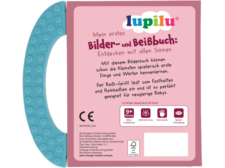 Blau-rosa Babybuch mit Beißgriff, das die sensorische und sprachliche Entwicklung fördert.