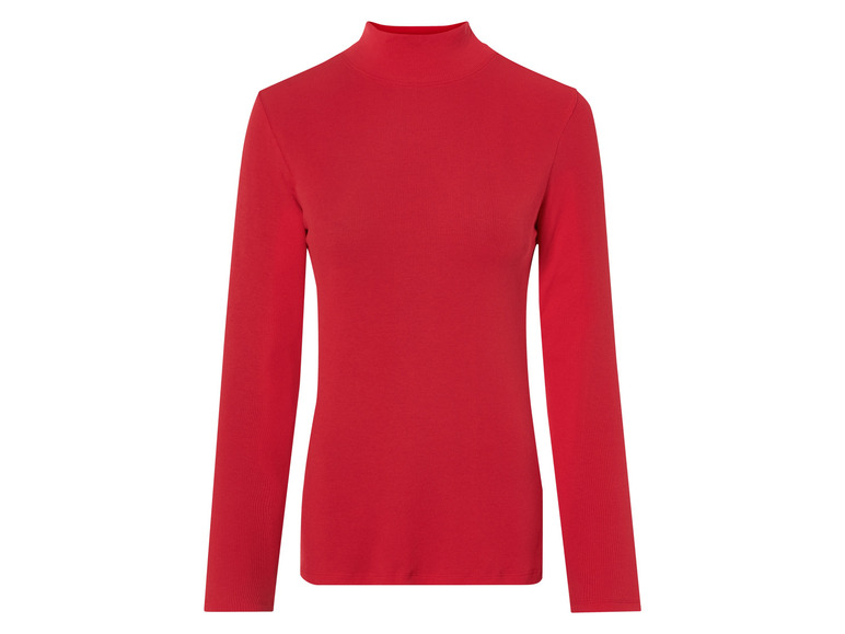 Ein rotes Langarmshirt mit hohem Kragen aus Strick.