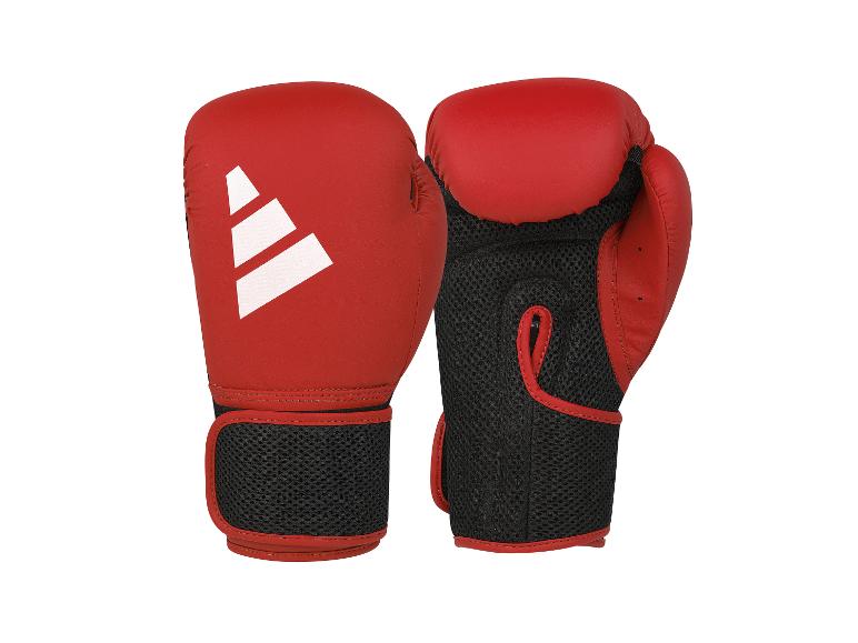 Ein Paar rote Boxhandschuhe mit weißem Logo und schwarzem Netz.