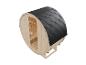 Holzfasssauna mit schwarzem Schindeldach und Glastür