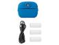 Blaue Sofortbildkamera mit USB-Kabel und drei Rollen Thermopapier.