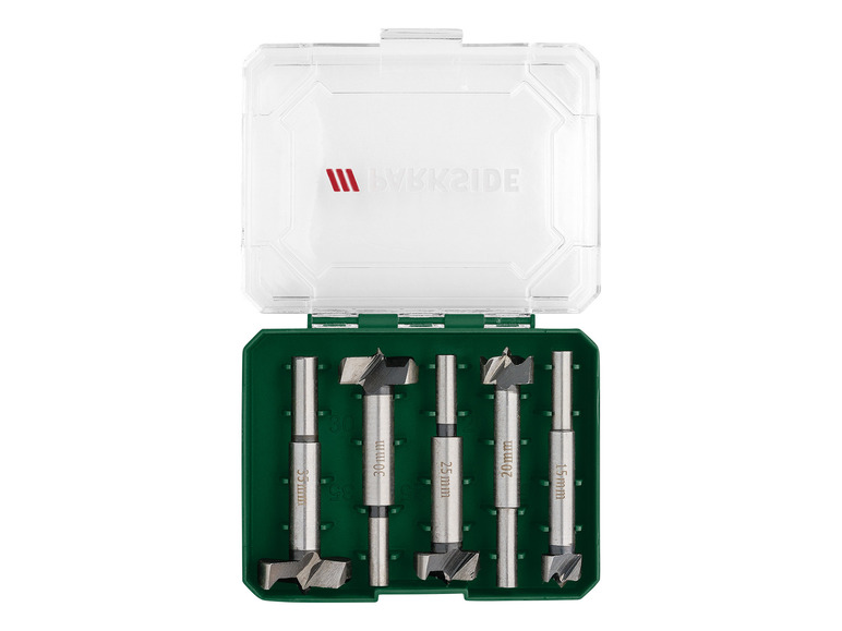 Ein Satz von vier Bohrer der Marke Workside in einer grünen Plastikbox.