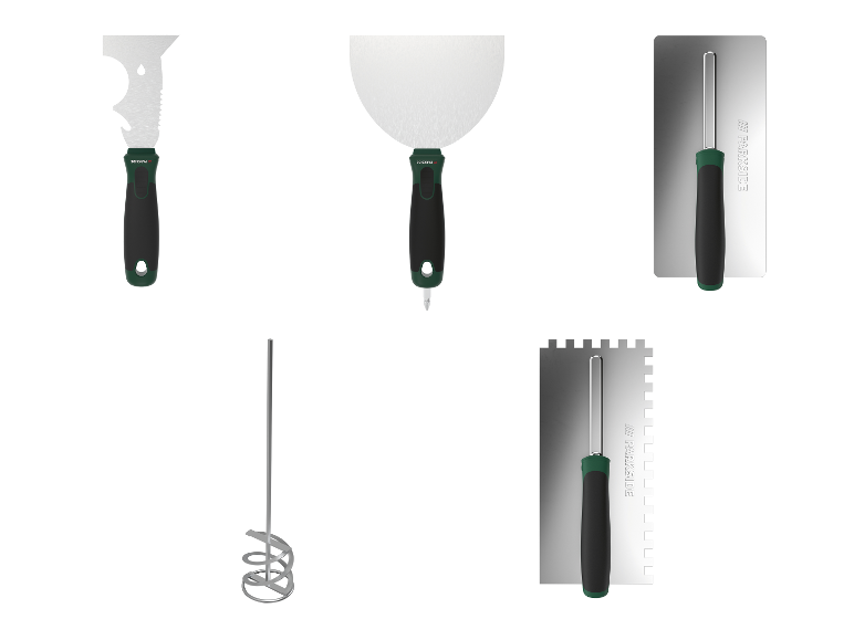 Parkside Fliesenwerkzeugset mit Spachteln, Kelle und Mischer.