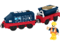 Spielzeugeisenbahn mit blauer Lokomotive, Güterwagen mit Gold und Bauarbeiterfigur.