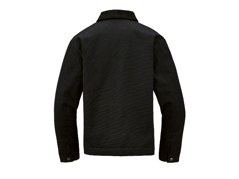 Schwarze Arbeitsjacke mit Cordkragen, von hinten gezeigt.