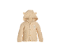 Beige gestrickte Baby-Strickjacke mit Kapuze, Ohren und Hasenstickerei.