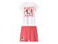 Mädchen-Pyjama-Set mit weißem Kurzarm-Oberteil und korallfarbenen Shorts mit Minnie-Maus-Aufdruck.