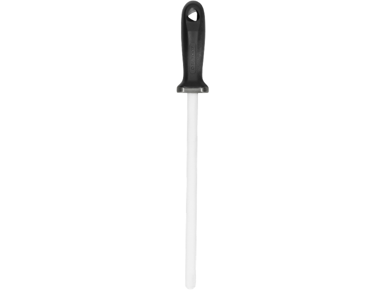 Keramischer Wetzstahl mit schwarzem Griff und weißem Stab.