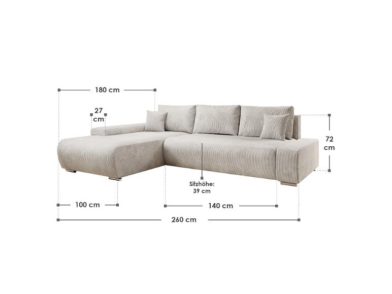 Beige Cord-Eckcouch: Maße und Details.