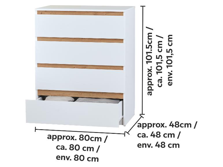 Weiße Kommode mit vier Schubladen und Holzdetails, Maße 101,5x80x48 cm.