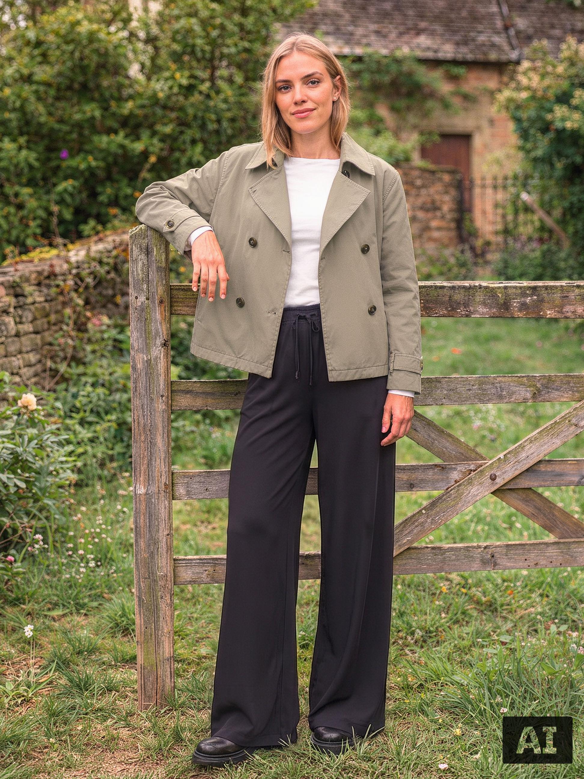 Frau in grüner Jacke und schwarzer Hose, lehnt an einem Holzzaun.