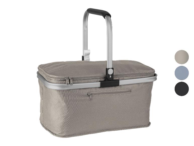 Faltbarer grauer Picknickkorb mit Aluminiumgriff und Reißverschlüssen, mit Farboptionen.