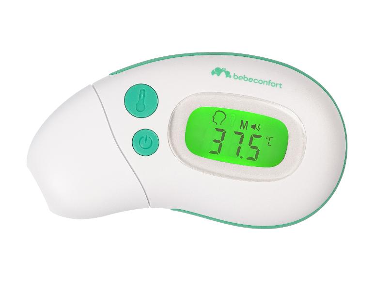 Weißes Digitalthermometer mit grünem Display, das eine Temperatur von 37,5 °C anzeigt.
