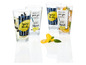Vier Gläser mit Zitronenmotiv, mit dem Text 'Squeeze the day, Make Lemonade.'