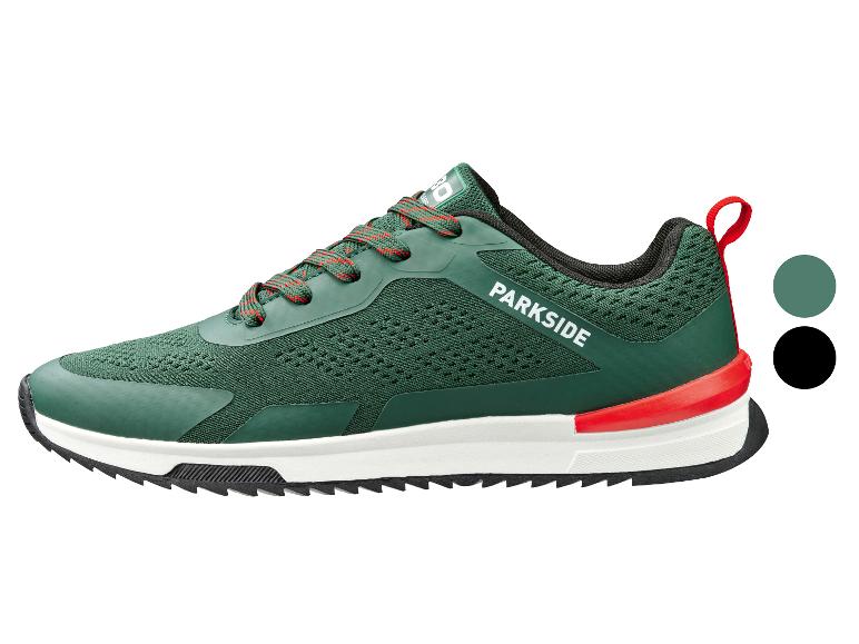 Grüner Sportschuh mit roten Schnürsenkeln und weißer Sohle, mit dem Text 'PARKSIDE'.