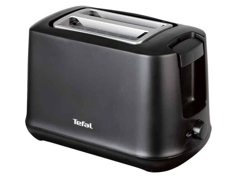Ein schwarzer Tefal Toaster mit zwei Schlitzen.