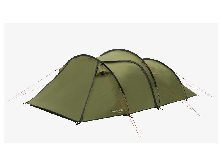 Ein grünes Easy Camp-Zelt mit zwei Eingängen.