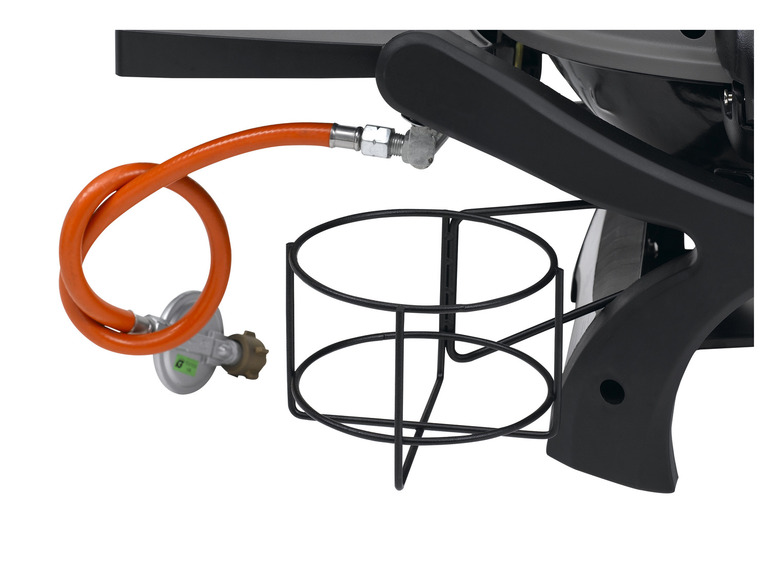 Ein Gasanschluss mit Schlauch und einem Halter für eine Gasflasche.