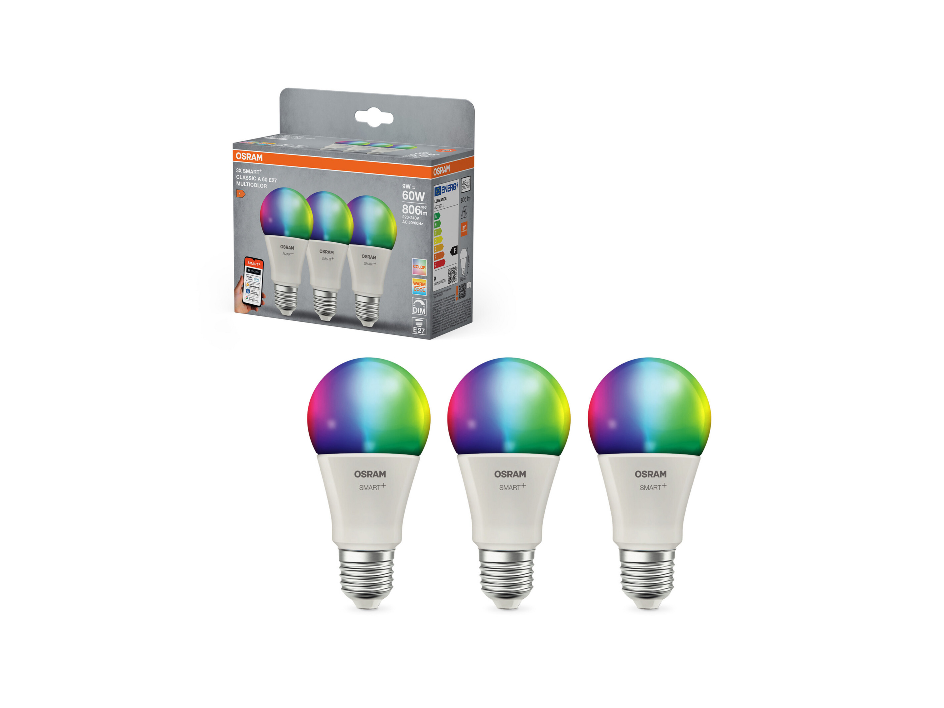 OSRAM Smart MATTER Leuchtmittel, 3er Pack (A60, E27, 2700 K, RGBW, Matt)