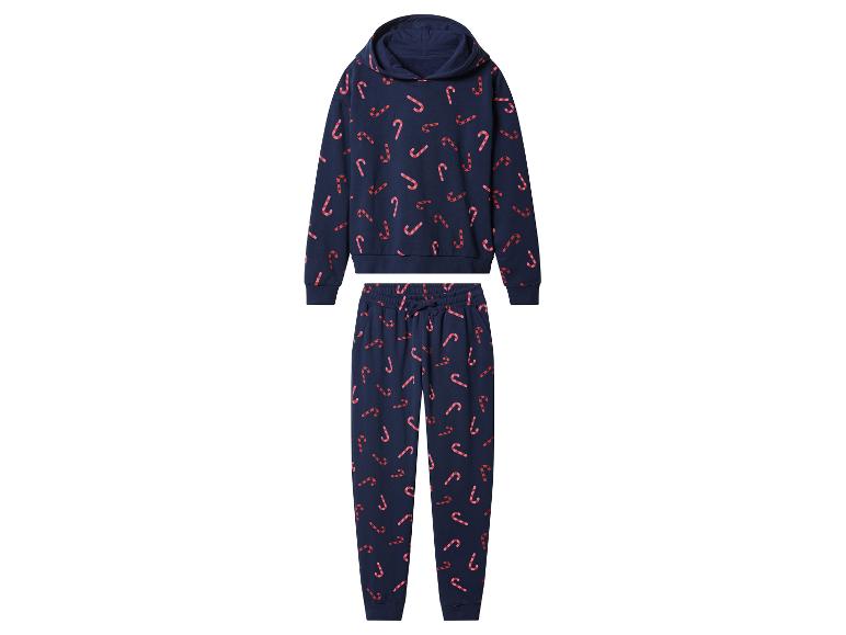 Blauer Pyjama mit Kapuzenpullover und Hose mit Zuckerstangenmuster.