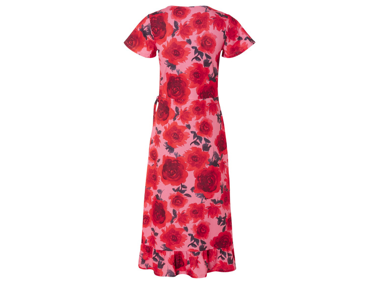Ein rosafarbenes Kleid mit rotem Rosenmuster.