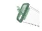 Transparenter Plastikbehälter mit grünem Deckel und offenem Verschluss
