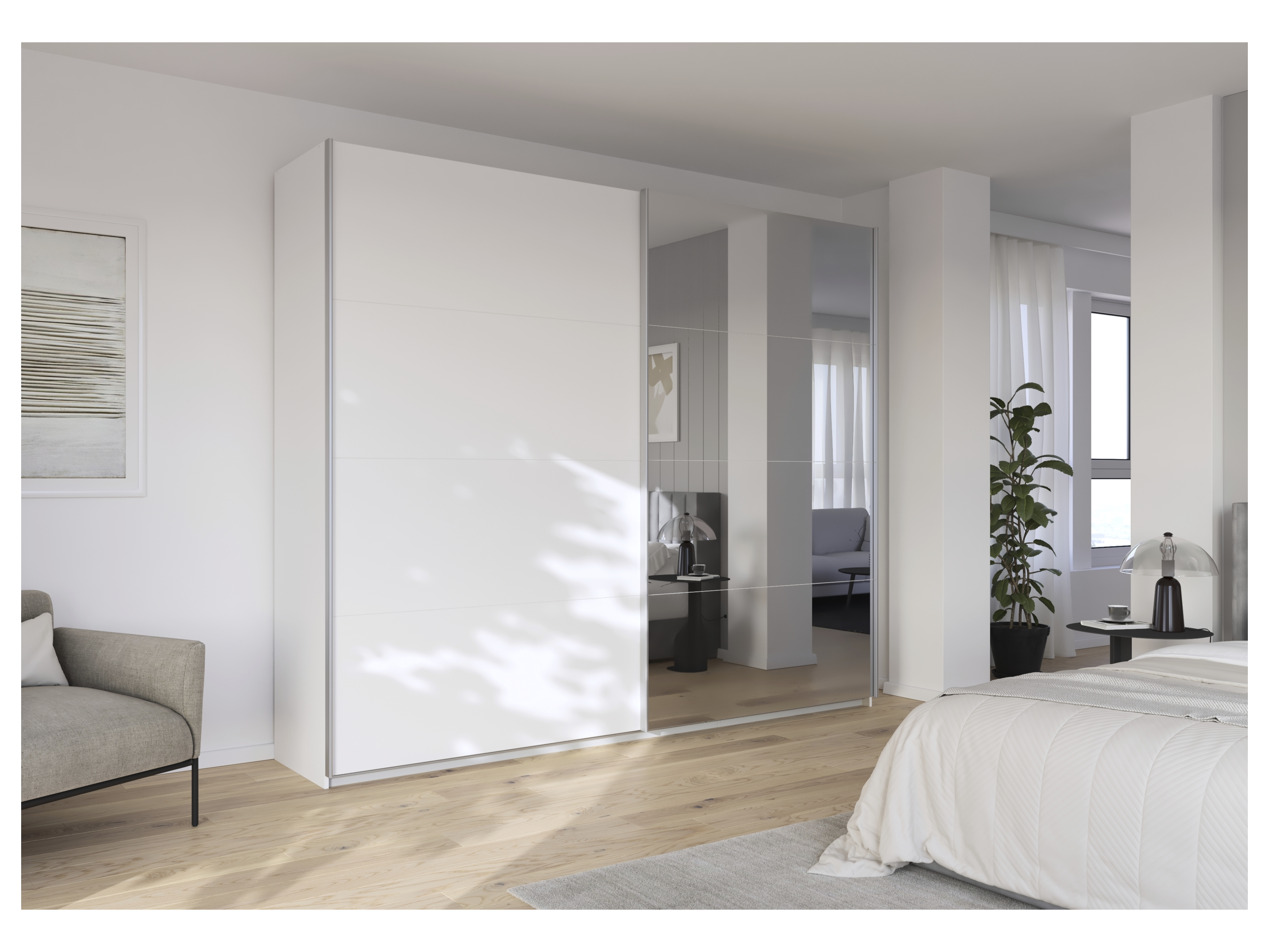 RAUCH ORANGE Quadra Schwebetürenschrank mit Spiegelelementen (Premium-Zubehör, Korpus Weiß, 271 x 230 cm) – Bild 2 von 4