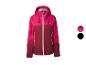 Rosa- und bordeauxfarbene Damen-Outdoorjacke mit Kapuze und weißem Reißverschluss.
