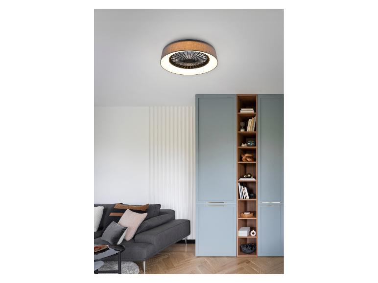 Modernes Wohnzimmer mit Deckenventilatorlampe, einem grauen Sofa und einem blauen Schrank mit offenen Regalen.