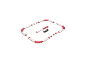 Spielzeug-Rennstrecke mit rot-weißen Barrieren, Pylonen und einem Rennwagen.