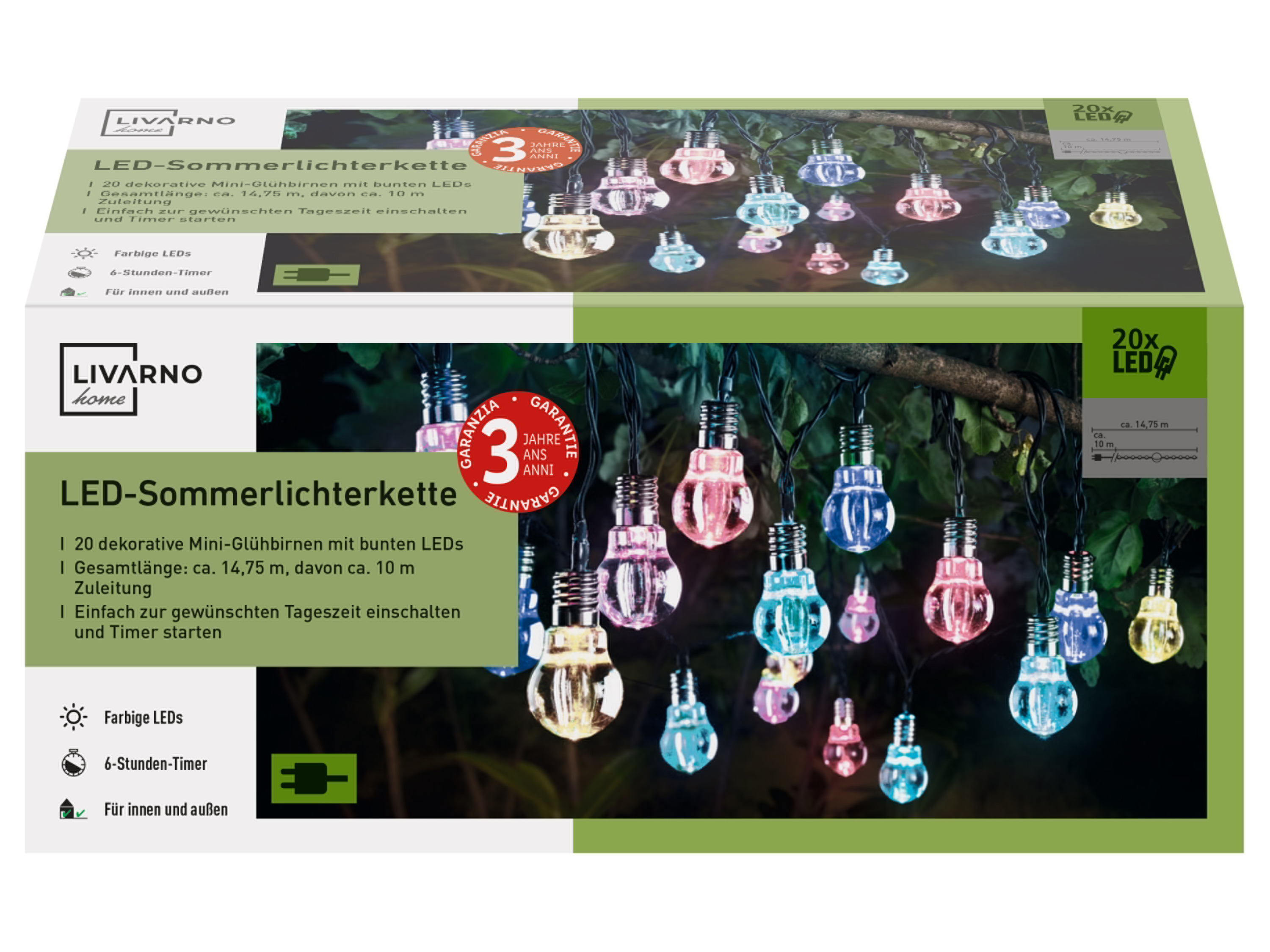 LIVARNO home LED Sommerlichterkette (Glühbirne)““ | multi-farbe : 20 dekorative Lampions mit langlebigen LEDs Glühbirne : 20 dekorative Mini-Glühbirnen mit bunten LEDs Technische Daten Anzahl der Leuchtmittel: 20 Max. Leistung des Leuchtmittels: 1,2 W Schutzklasse: Ip44 Farbtemperatur: ca. 2700 K Lampion Lichtfarbe: warmweiß Lampion