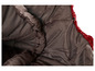 Ein grauer Schlafsack mit roten Details.