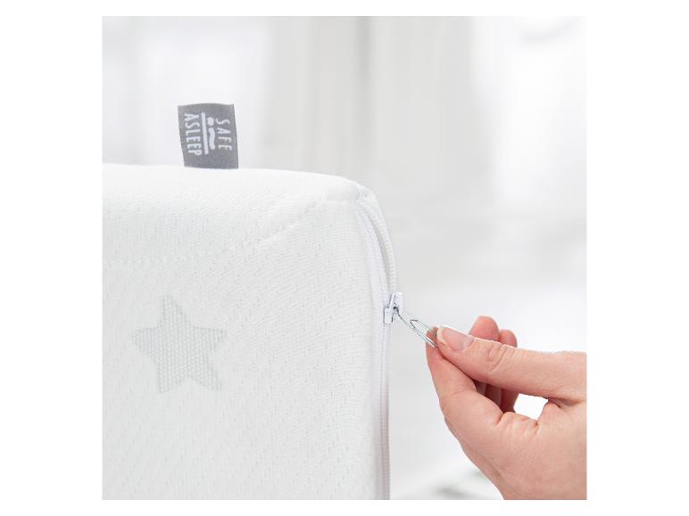 Eine Hand öffnet den Reißverschluss eines weißen Matratzenbezugs mit einer Büroklammer.