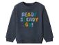 Dunkelblaues Kinder-Sweatshirt mit „READY STEADY GO!“-Schriftzug in bunten Chenille-Buchstaben