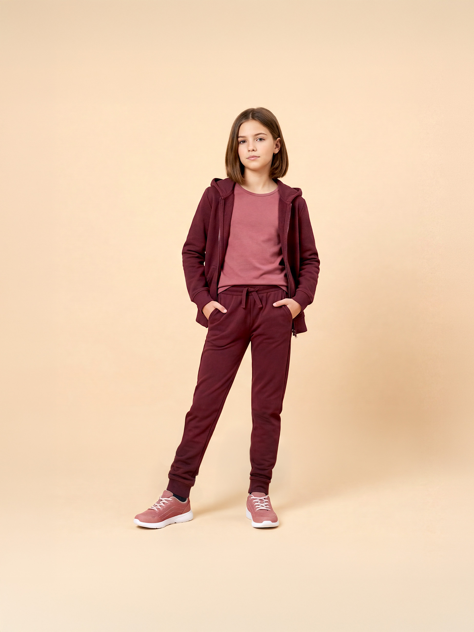 Mädchen in bordeauxfarbenem Trainingsanzug und rosa T-Shirt, trägt Turnschuhe