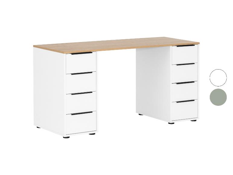 Weißer Schreibtisch mit Holzplatte und Schubladen auf beiden Seiten.