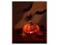 Beleuchteter Halloween-Kürbis mit Dekorationen auf einer Holzoberfläche.