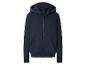 Dunkelblauer Kapuzenpullover mit Reißverschluss und Taschen.
