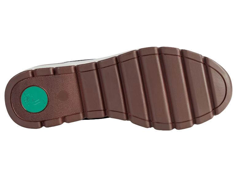 Die Unterseite eines braunen Schuhs mit einem grünen 'Ecco'-Logo.